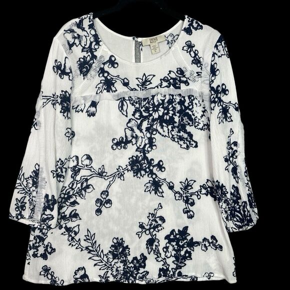 VTG  America Blues White Blue Floral Blouse XL Crinkle Texture Boho Tunic Top - Picture 2 of 12